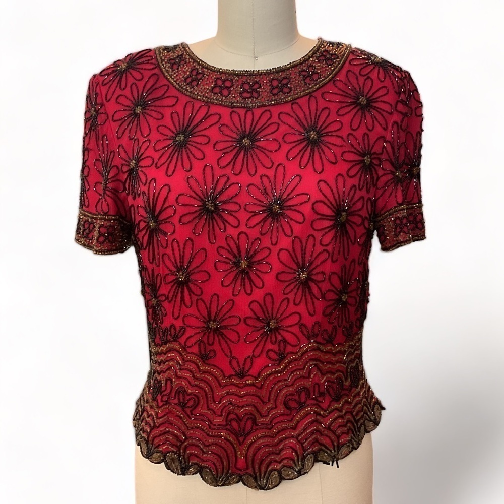 PAPELL Boutique Evenings Beaded Sequin Top, Small